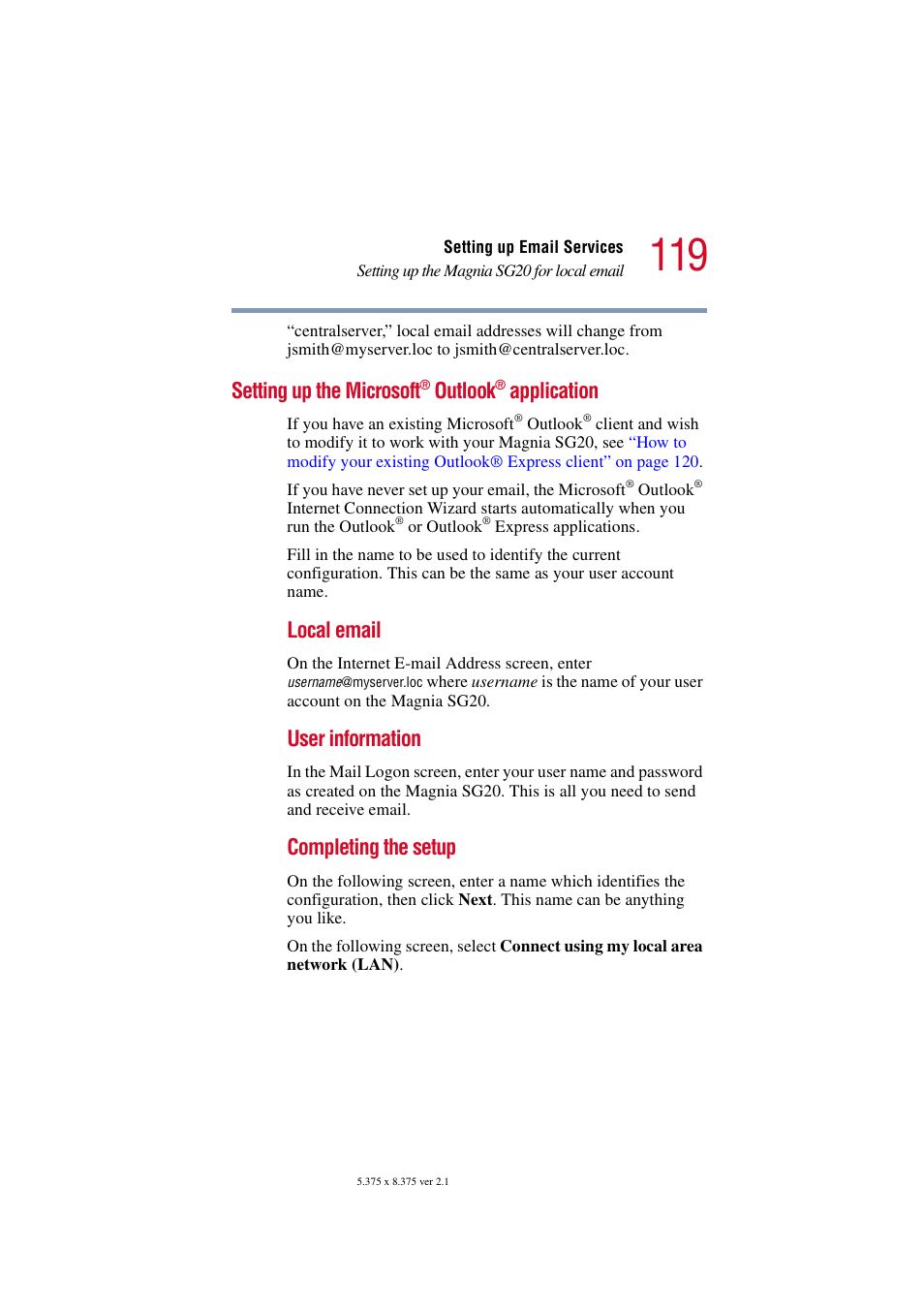 Setting up the microsoft® outlook® application, Setting up the microsoft, Outlook | Application, Local email, User information, Completing the setup | Toshiba Tekbright 700P User Manual | Page 117 / 305