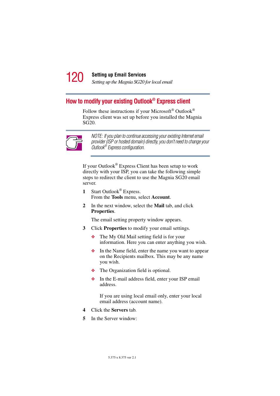 How to modify your existing outlook, Express client | Toshiba Tekbright 700P User Manual | Page 118 / 305
