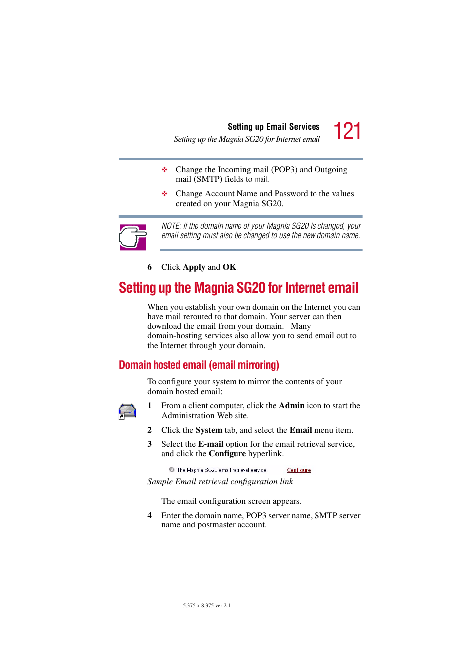 Setting up the magnia sg20 for internet email, Domain hosted email (email mirroring), Setting up the magnia sg20 for | Toshiba Tekbright 700P User Manual | Page 119 / 305