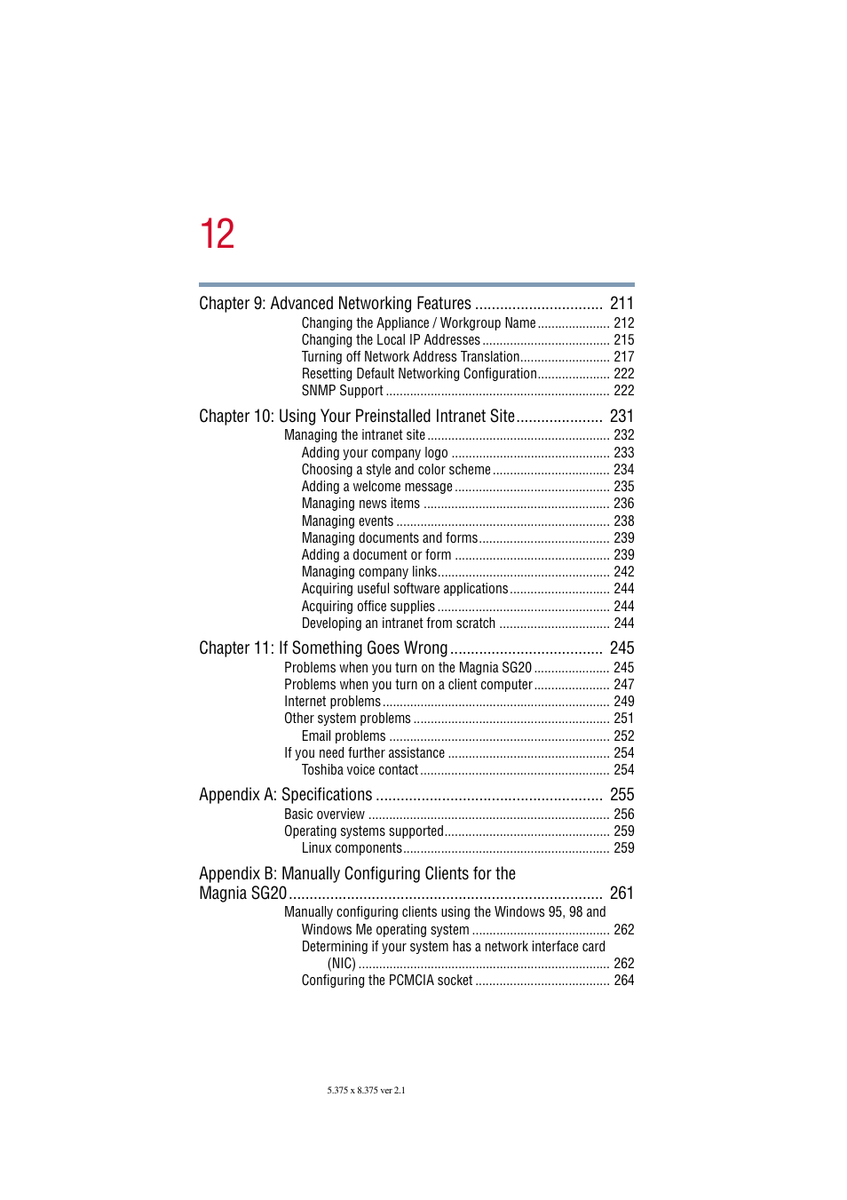Chapter 9: advanced networking features 211, Chapter 11: if something goes wrong 245, Appendix a: specifications 255 | Toshiba Tekbright 700P User Manual | Page 12 / 305