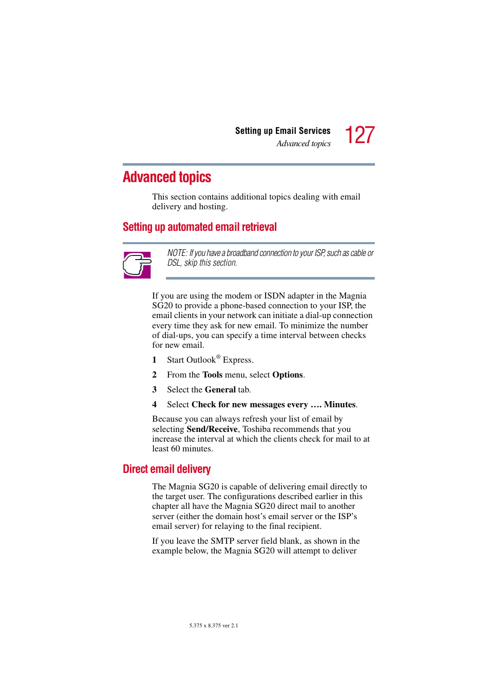 Advanced topics, Setting up automated email retrieval, Direct email delivery | Toshiba Tekbright 700P User Manual | Page 125 / 305
