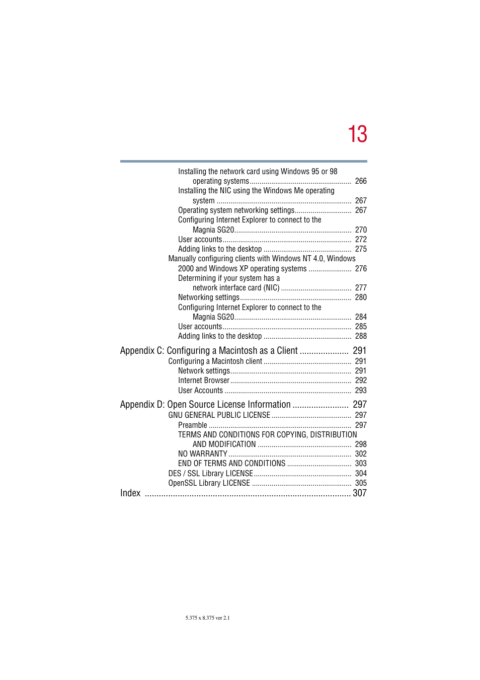 Appendix d: open source license information 297, Index 307 | Toshiba Tekbright 700P User Manual | Page 13 / 305