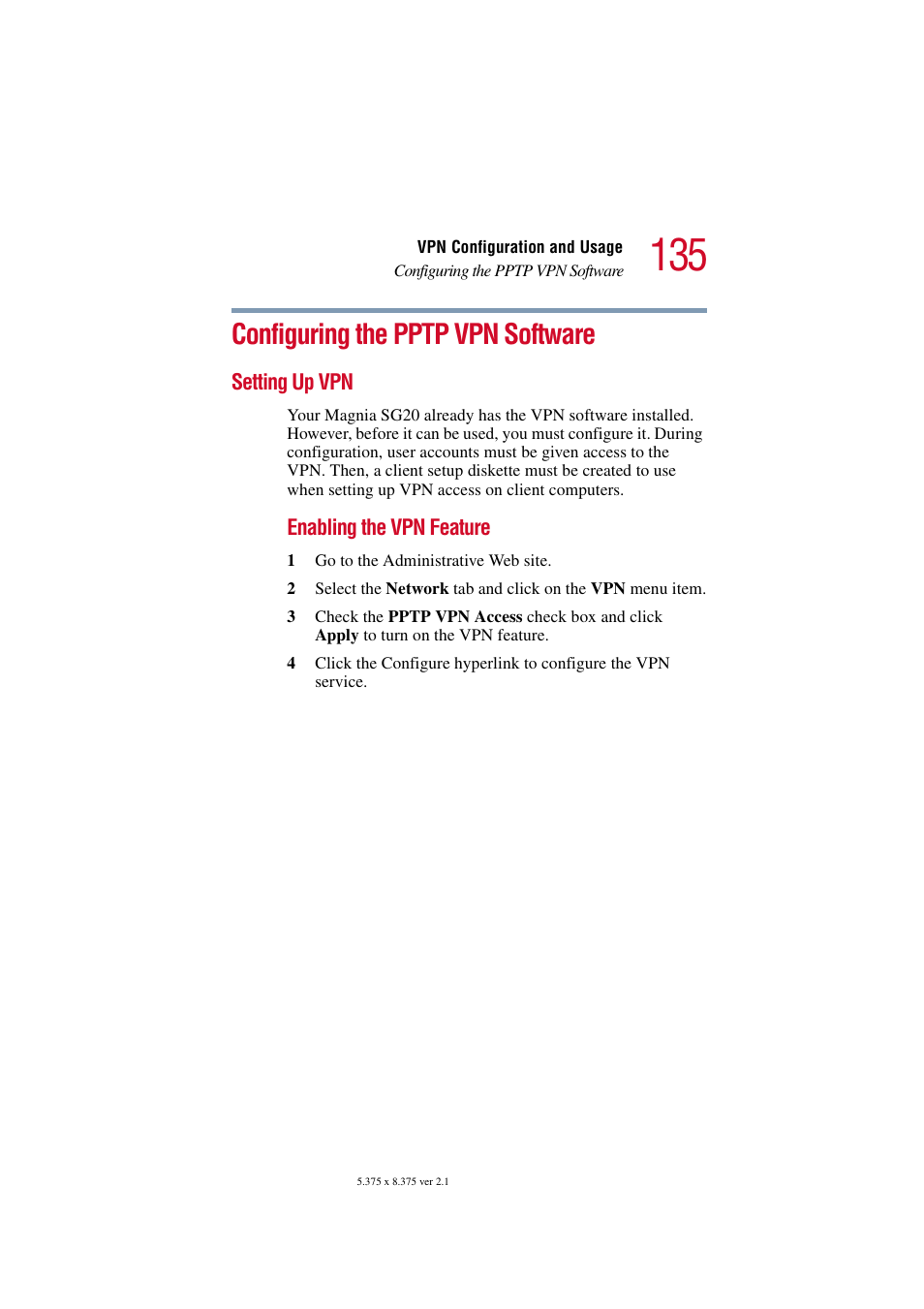 Configuring the pptp vpn software, Setting up vpn | Toshiba Tekbright 700P User Manual | Page 132 / 305