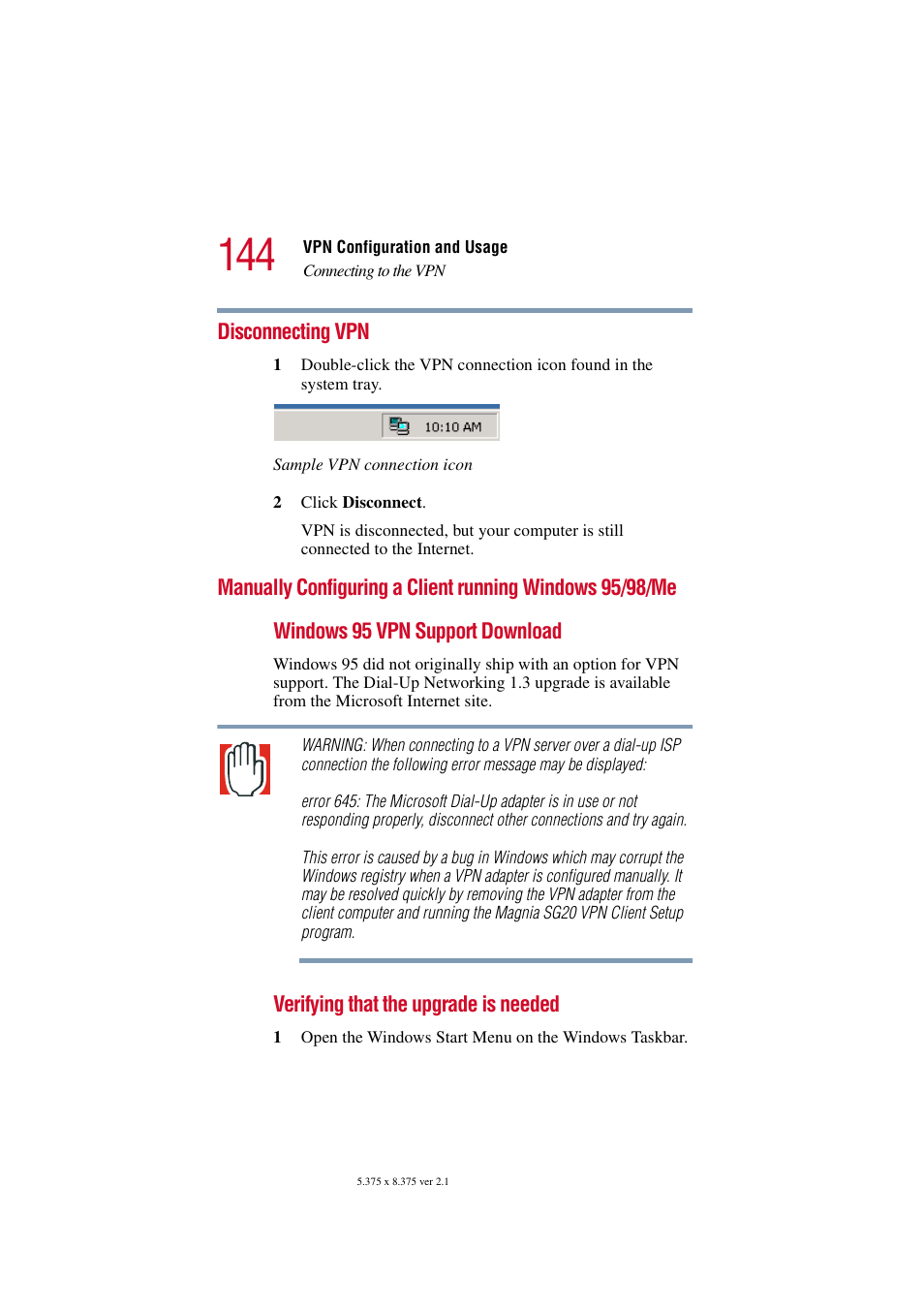Disconnecting vpn, Windows 95/98/me | Toshiba Tekbright 700P User Manual | Page 141 / 305