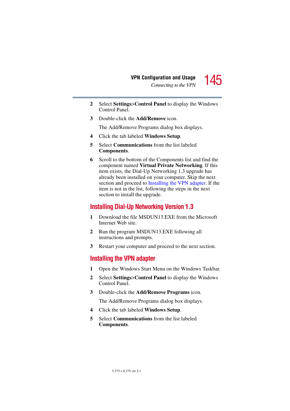 Installing dial-up networking version 1.3, Installing the vpn adapter | Toshiba Tekbright 700P User Manual | Page 142 / 305