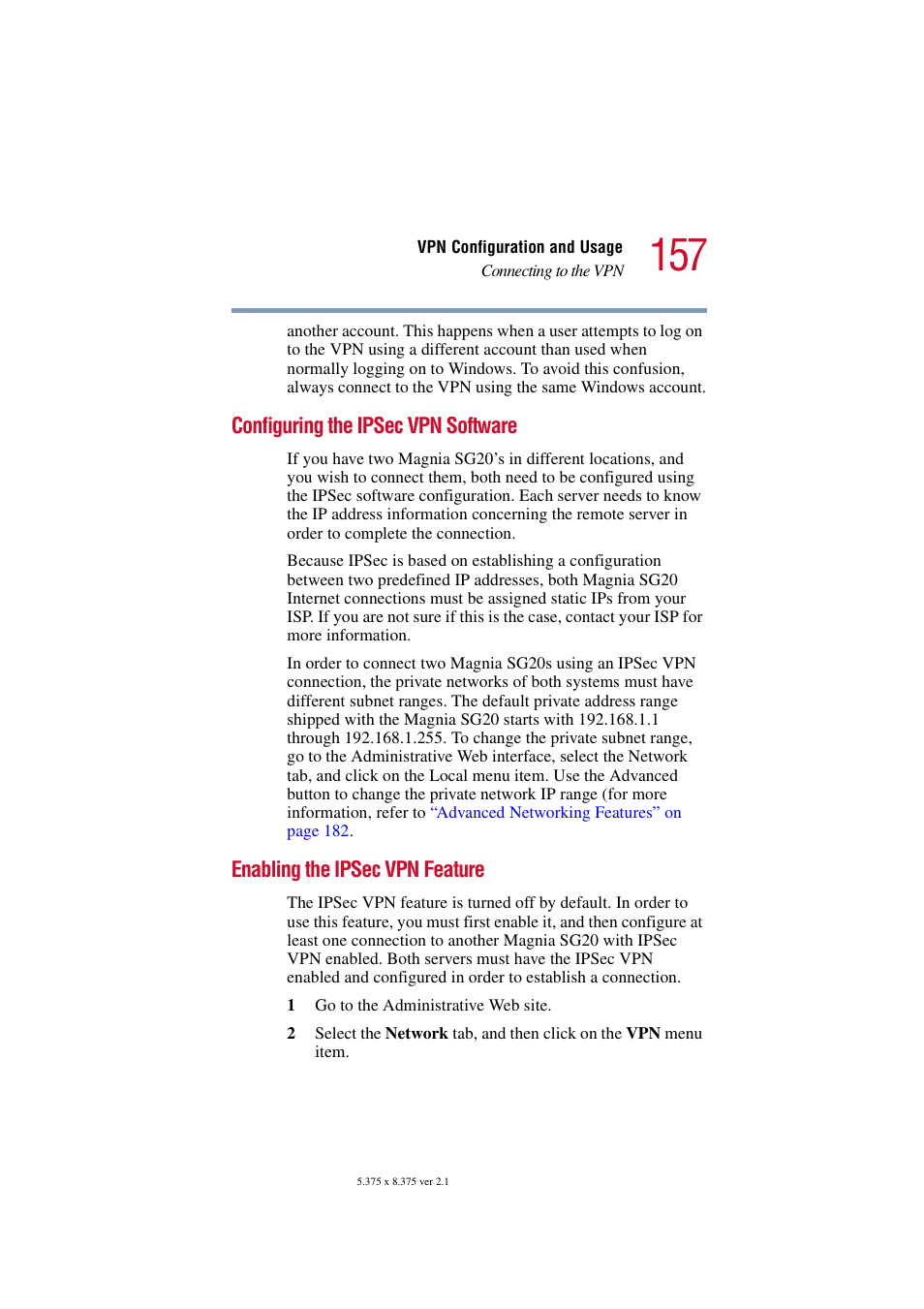 Configuring the ipsec vpn software, Enabling the ipsec vpn feature | Toshiba Tekbright 700P User Manual | Page 154 / 305