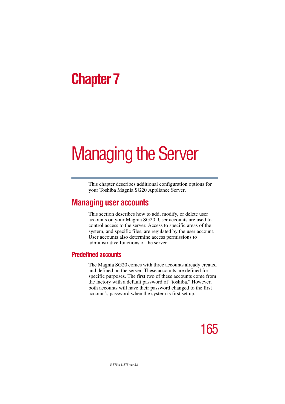 Managing the server, Managing user accounts, Predefined accounts | Chapter 7: managing the server, Chapter 7 | Toshiba Tekbright 700P User Manual | Page 161 / 305