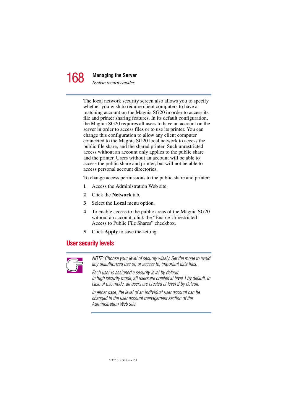 User security levels | Toshiba Tekbright 700P User Manual | Page 164 / 305