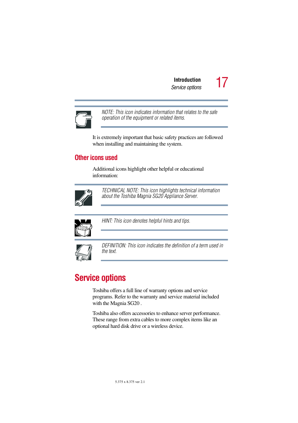 Other icons used, Service options | Toshiba Tekbright 700P User Manual | Page 17 / 305