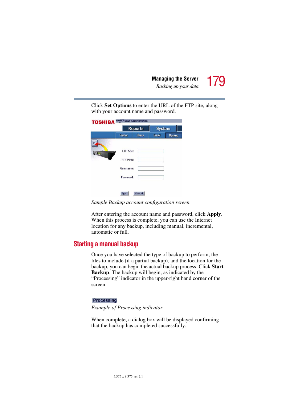 Starting a manual backup | Toshiba Tekbright 700P User Manual | Page 175 / 305