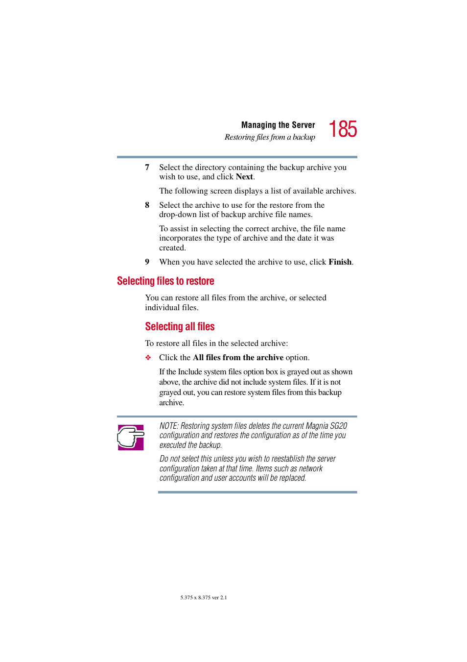 Selecting files to restore, Selecting all files | Toshiba Tekbright 700P User Manual | Page 181 / 305