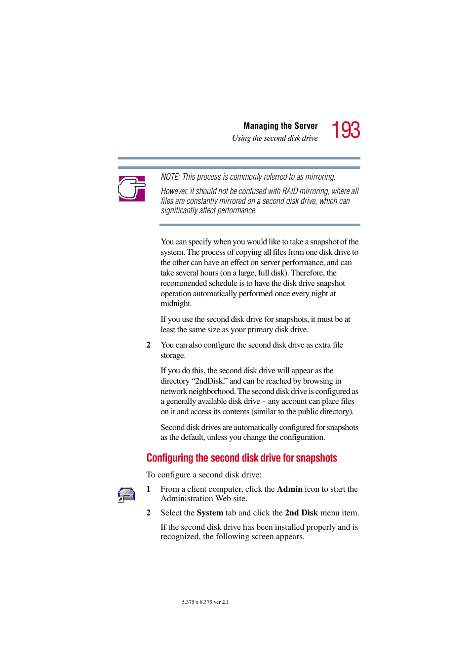 Configuring the second disk, Configuring the second disk drive for snapshots | Toshiba Tekbright 700P User Manual | Page 189 / 305