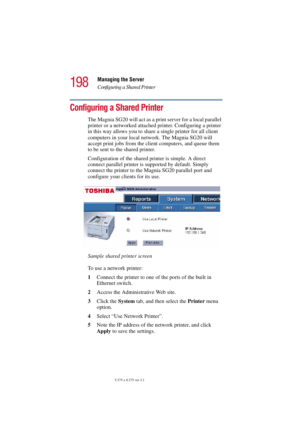Configuring a shared printer | Toshiba Tekbright 700P User Manual | Page 194 / 305