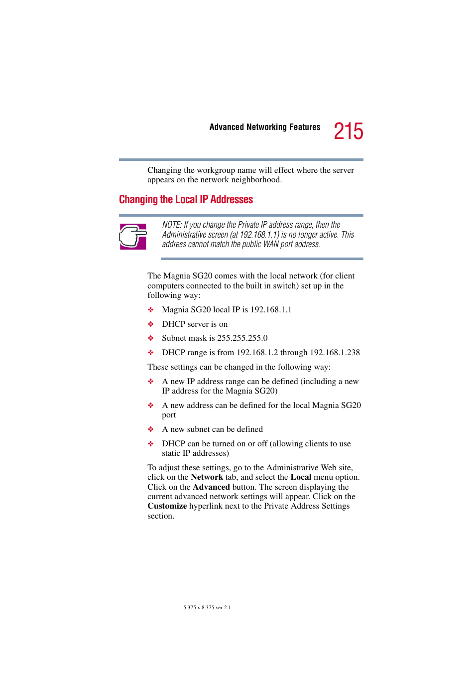 Changing the local ip addresses | Toshiba Tekbright 700P User Manual | Page 209 / 305