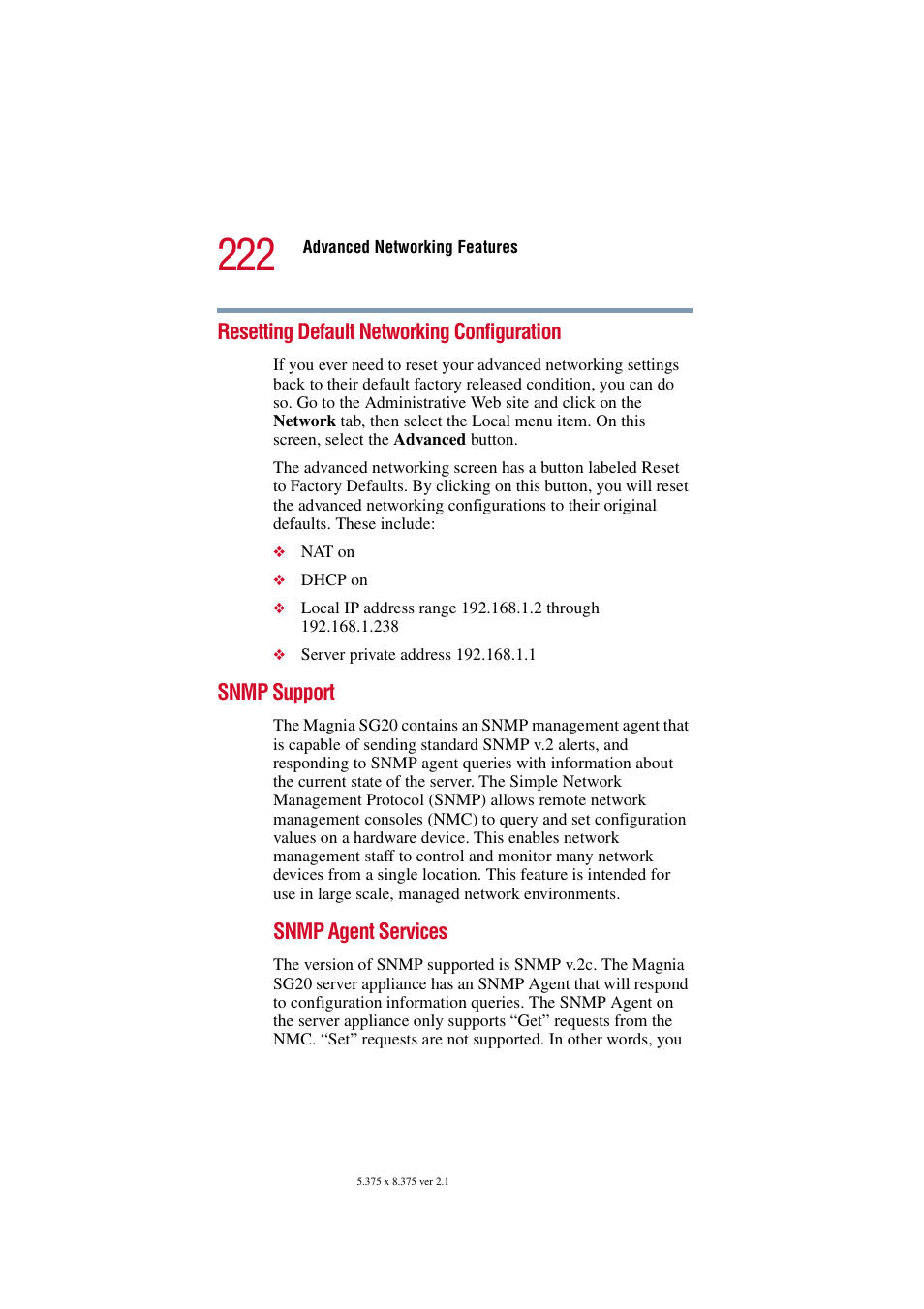 Resetting default networking configuration, Snmp support | Toshiba Tekbright 700P User Manual | Page 216 / 305