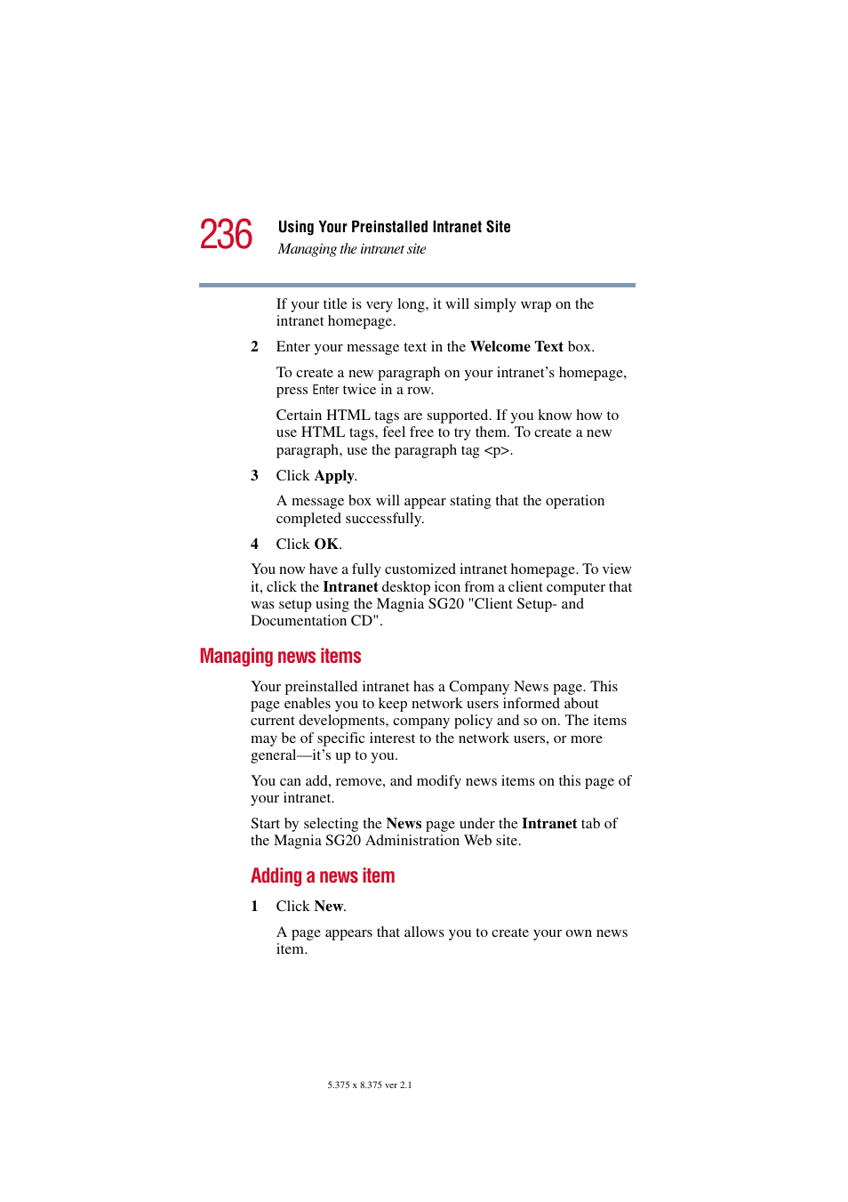 Managing news items, Adding a news item | Toshiba Tekbright 700P User Manual | Page 229 / 305