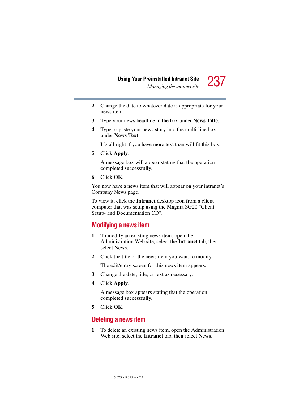 Modifying a news item, Deleting a news item | Toshiba Tekbright 700P User Manual | Page 230 / 305