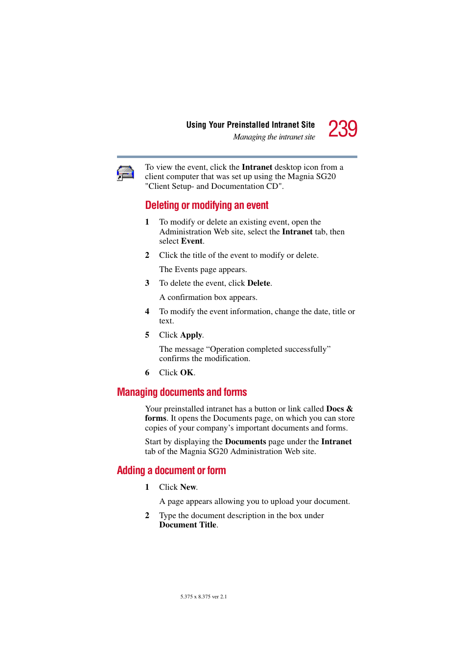 Managing documents and forms, Adding a document or form, Deleting or modifying an event | Toshiba Tekbright 700P User Manual | Page 232 / 305