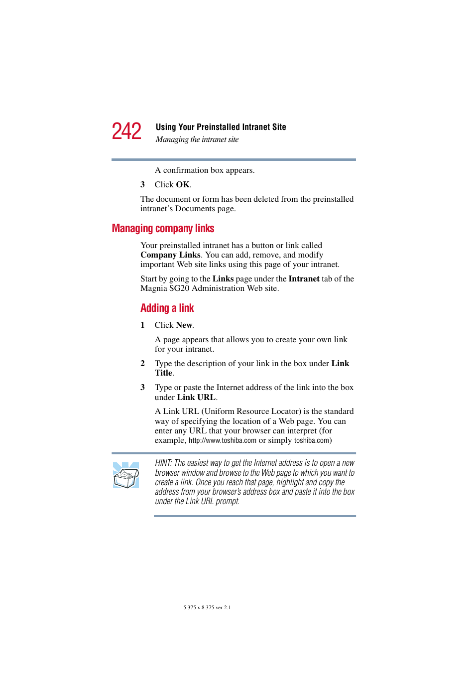 Managing company links, Adding a link | Toshiba Tekbright 700P User Manual | Page 235 / 305