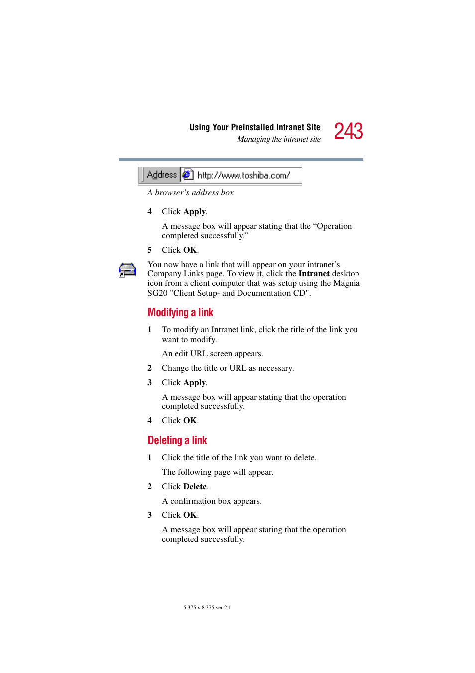 Modifying a link, Deleting a link | Toshiba Tekbright 700P User Manual | Page 236 / 305