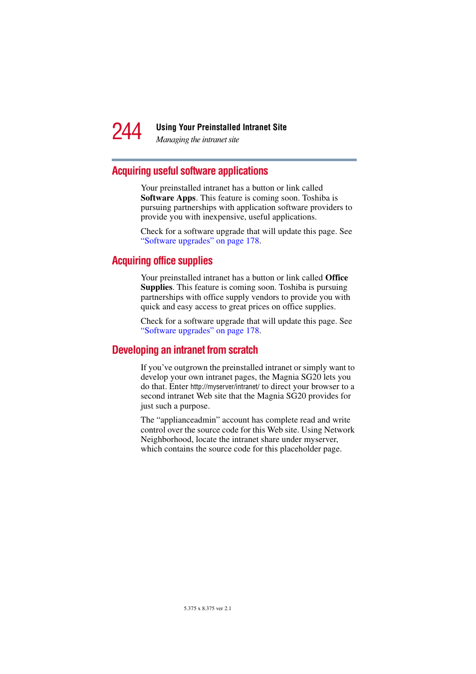 Acquiring useful software applications, Acquiring office supplies, Developing an intranet from scratch | Developing an intranet from scratch” on | Toshiba Tekbright 700P User Manual | Page 237 / 305