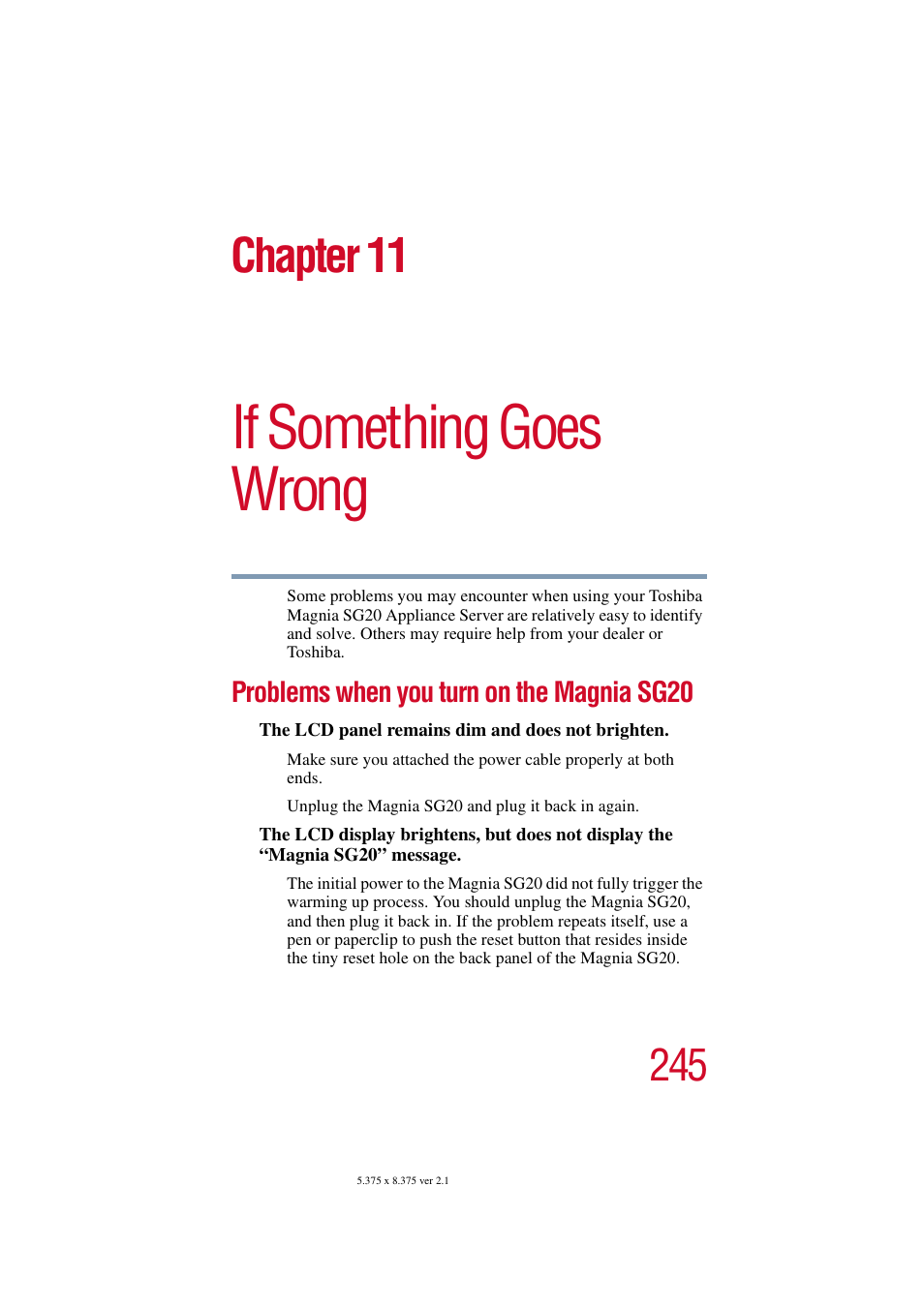 If something goes wrong, Problems when you turn on the magnia sg20, Chapter 11: if something goes wrong | Problems when, Chapter 11 | Toshiba Tekbright 700P User Manual | Page 238 / 305