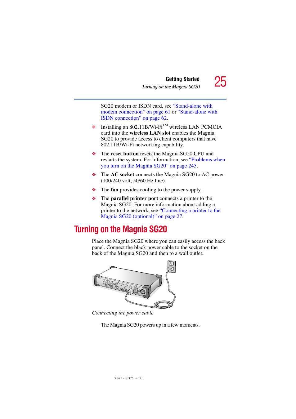 Turning on the magnia sg20 | Toshiba Tekbright 700P User Manual | Page 25 / 305