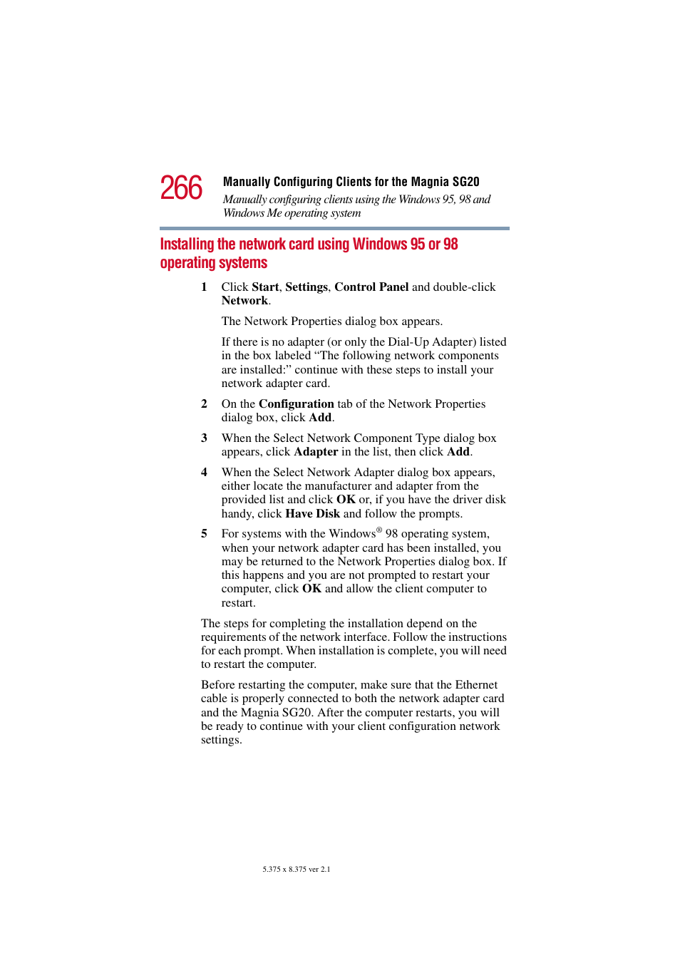 Installing the network card using windows 95 or 98, Operating systems | Toshiba Tekbright 700P User Manual | Page 258 / 305