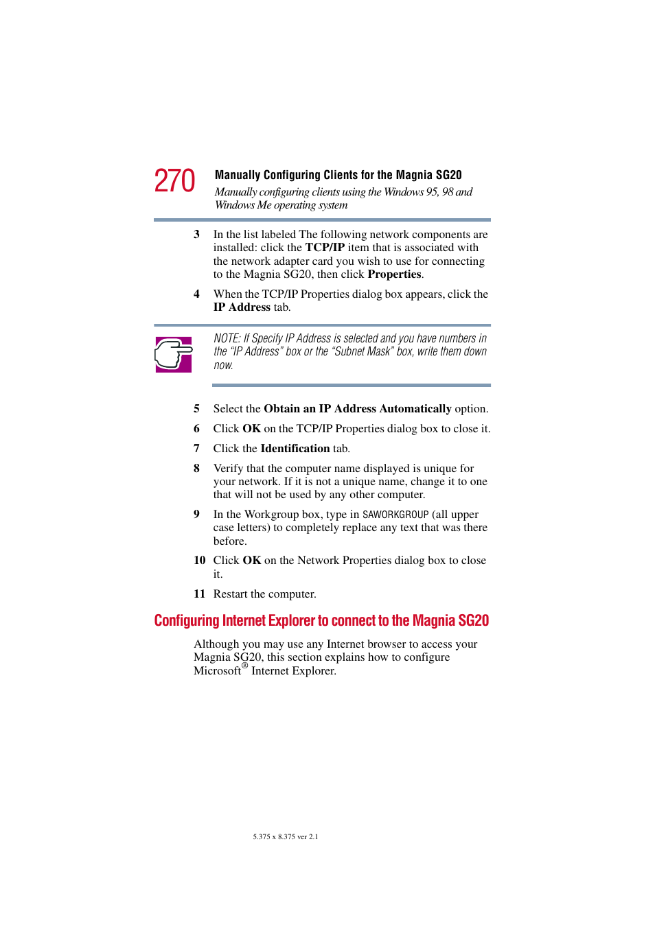 Configuring internet explorer to connect to the, Magnia sg20 | Toshiba Tekbright 700P User Manual | Page 262 / 305