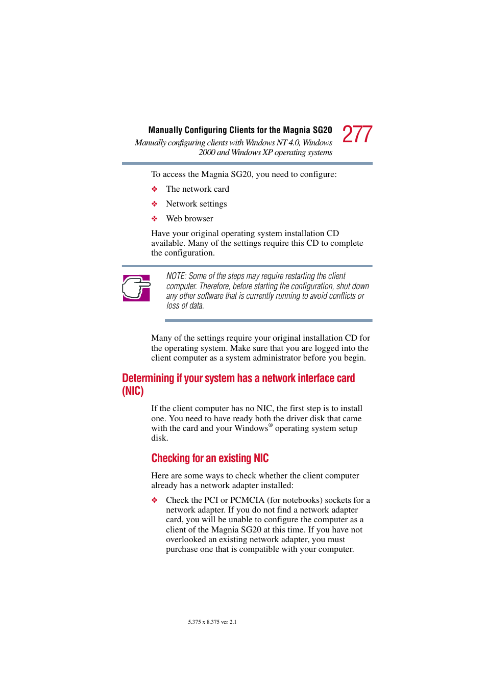 Determining if your system has a, Network interface card (nic), Checking for an existing nic | Toshiba Tekbright 700P User Manual | Page 269 / 305