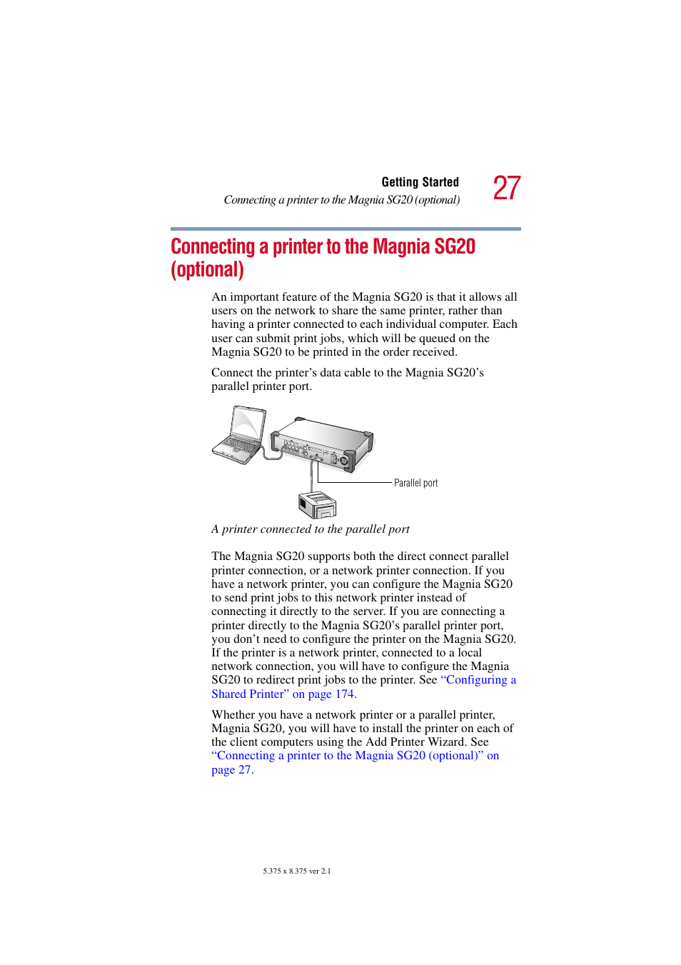 Connecting a printer to the magnia sg20 (optional), Connecting a printer to the | Toshiba Tekbright 700P User Manual | Page 27 / 305