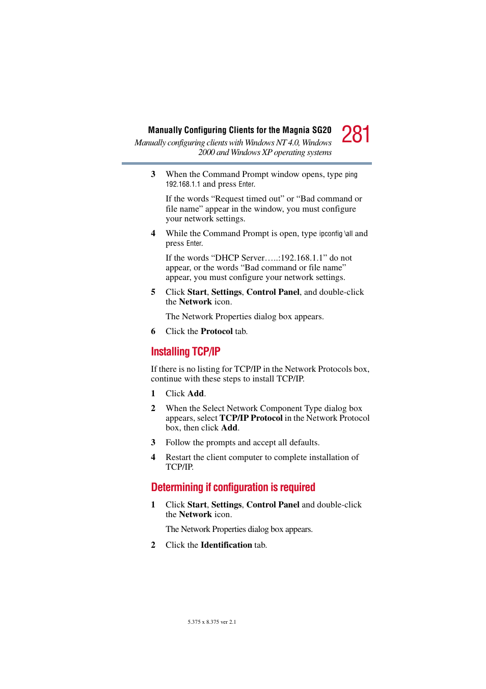 Installing tcp/ip, Determining if configuration is required | Toshiba Tekbright 700P User Manual | Page 273 / 305