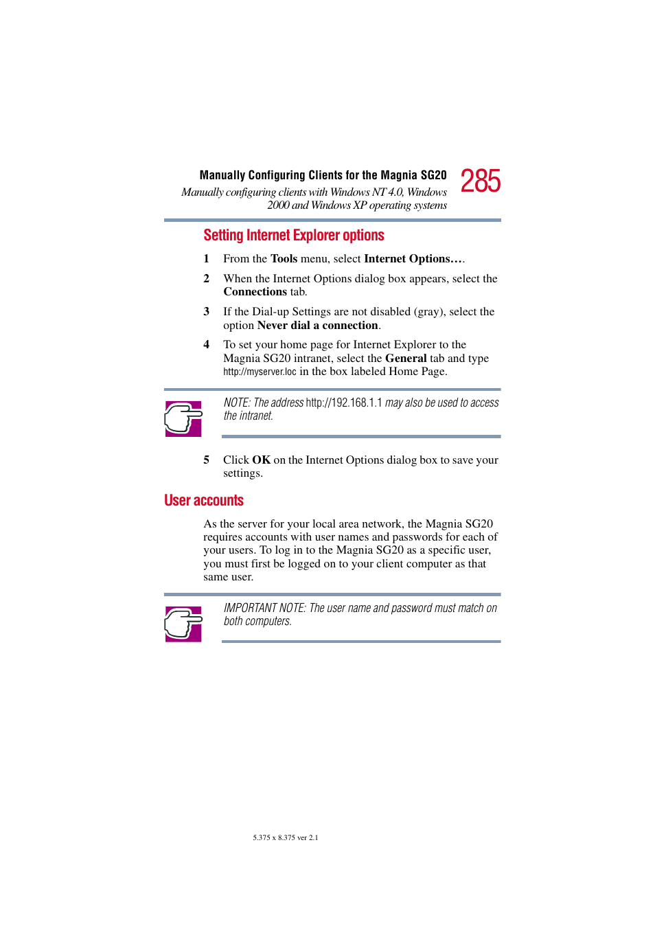 User accounts, Setting internet explorer options | Toshiba Tekbright 700P User Manual | Page 277 / 305