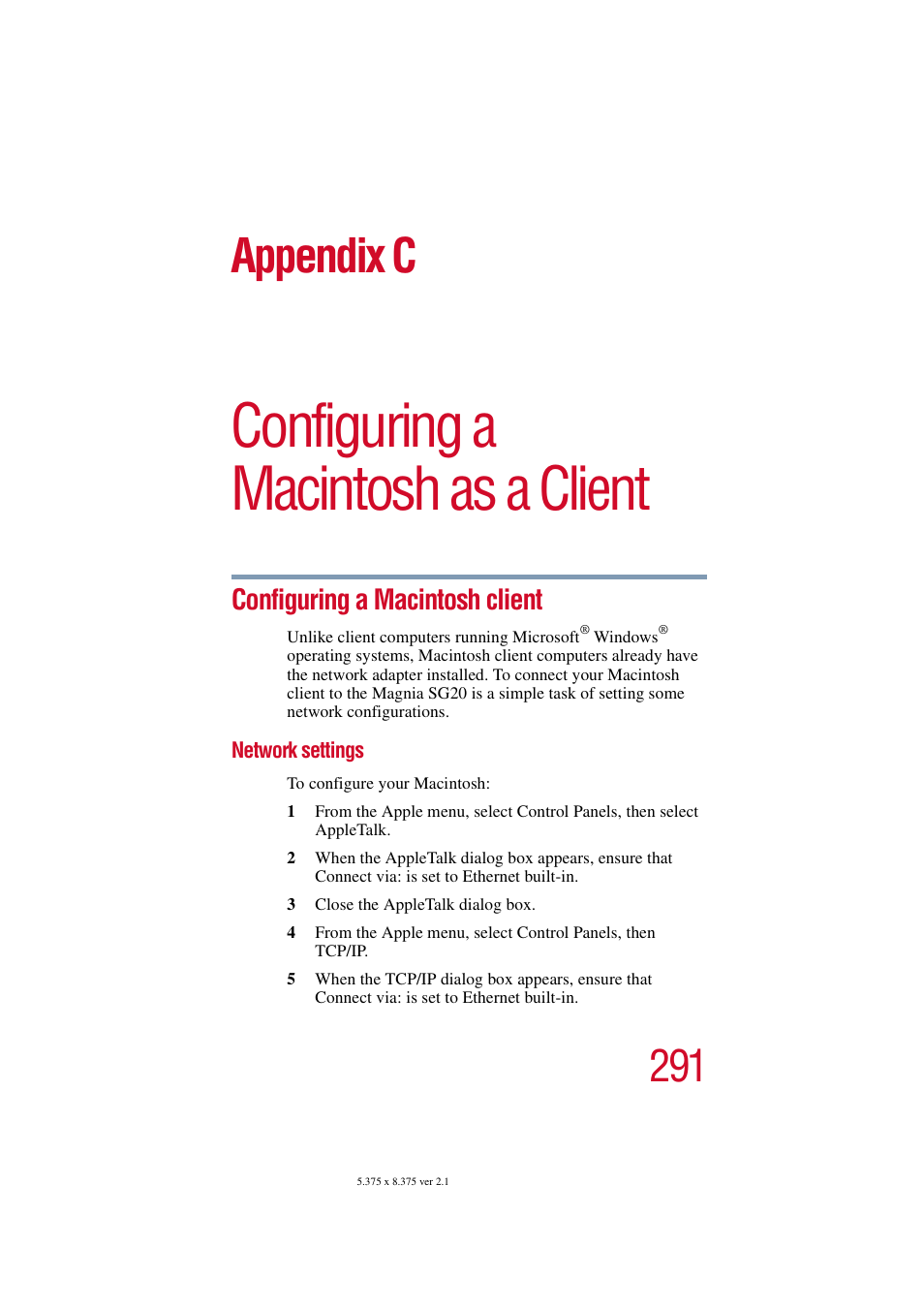 Configuring a macintosh as a client, Configuring a macintosh client, Network settings | Appendix c: configuring a macintosh as a client, Configuring a macintosh as a, Appendix c | Toshiba Tekbright 700P User Manual | Page 282 / 305