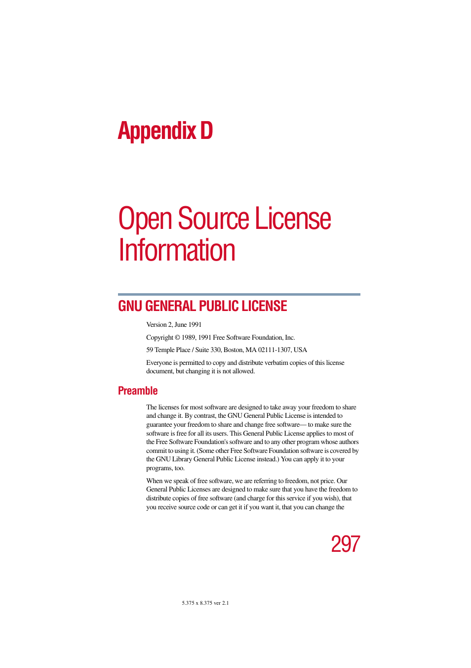 Open source license information, Gnu general public license, Preamble | Appendix d: open source license information, Appendix d | Toshiba Tekbright 700P User Manual | Page 287 / 305