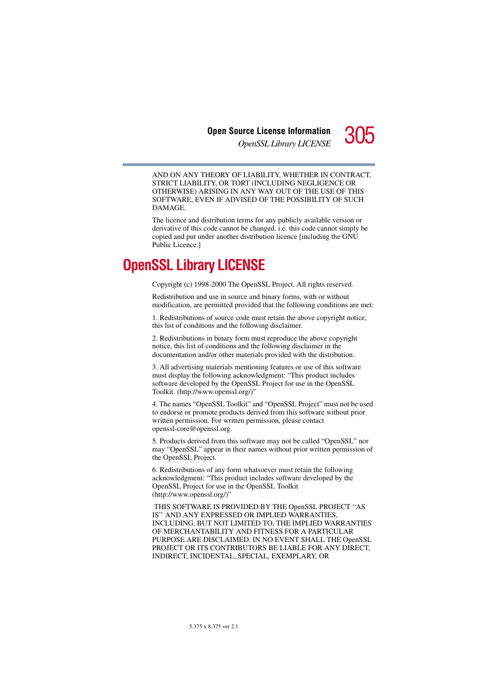 Openssl library license | Toshiba Tekbright 700P User Manual | Page 295 / 305