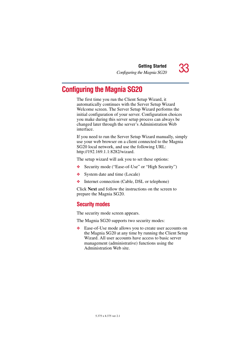 Configuring the magnia sg20, Security modes | Toshiba Tekbright 700P User Manual | Page 33 / 305