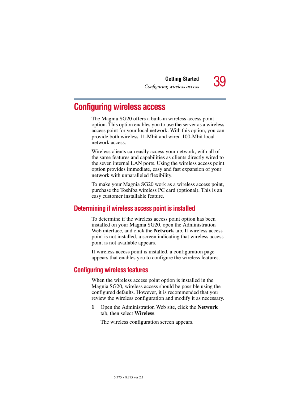 Configuring wireless access, Determining if wireless access point is installed, Configuring wireless features | Toshiba Tekbright 700P User Manual | Page 39 / 305