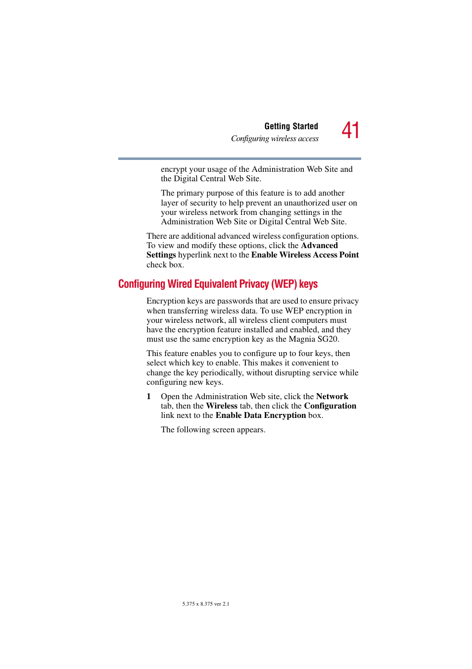 Configuring wired equivalent privacy (wep) keys | Toshiba Tekbright 700P User Manual | Page 41 / 305
