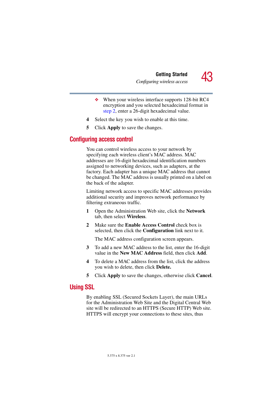 Configuring access control, Using ssl, Configuring access control using ssl | Toshiba Tekbright 700P User Manual | Page 43 / 305