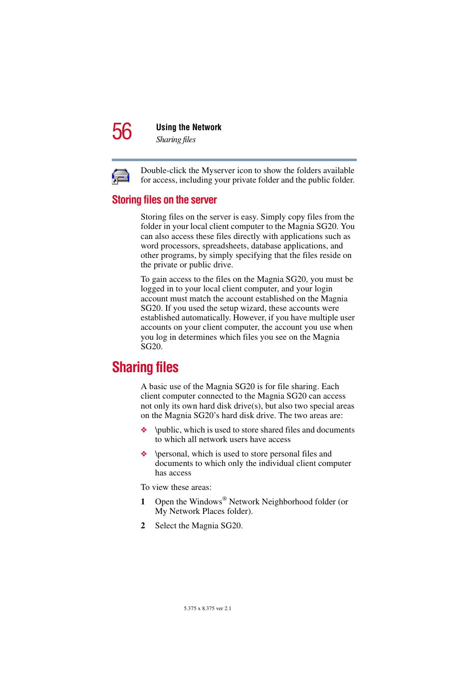 Storing files on the server, Sharing files | Toshiba Tekbright 700P User Manual | Page 56 / 305