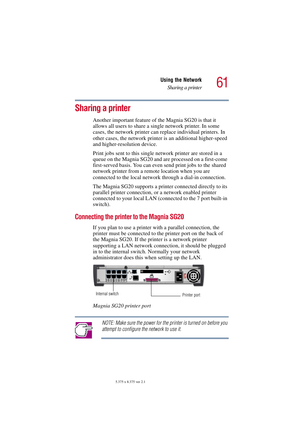 Sharing a printer, Connecting the printer to the magnia sg20 | Toshiba Tekbright 700P User Manual | Page 61 / 305