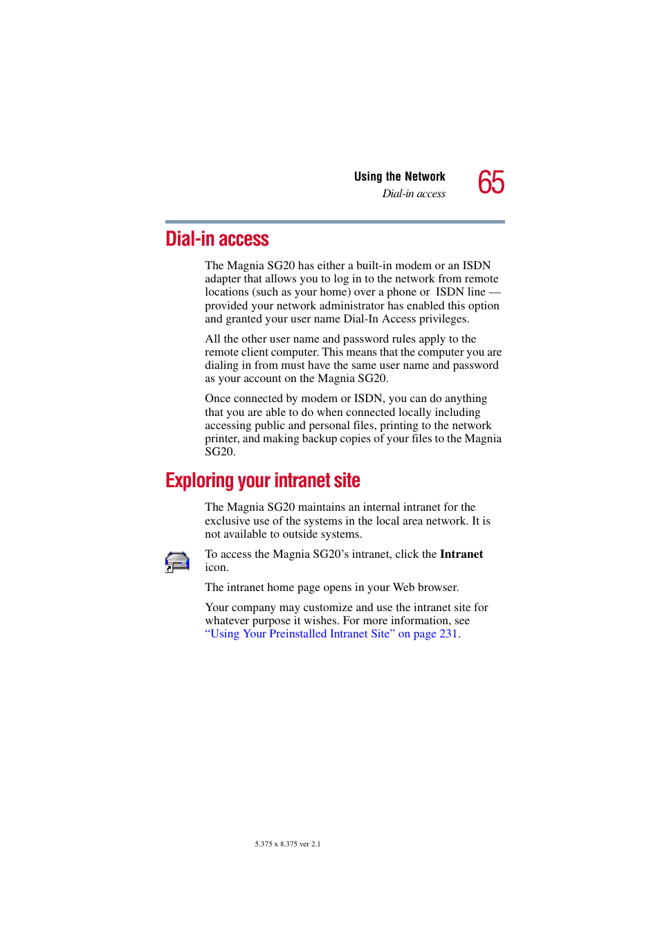 Dial-in access, Exploring your intranet site, Dial-in access exploring your intranet site | Toshiba Tekbright 700P User Manual | Page 65 / 305
