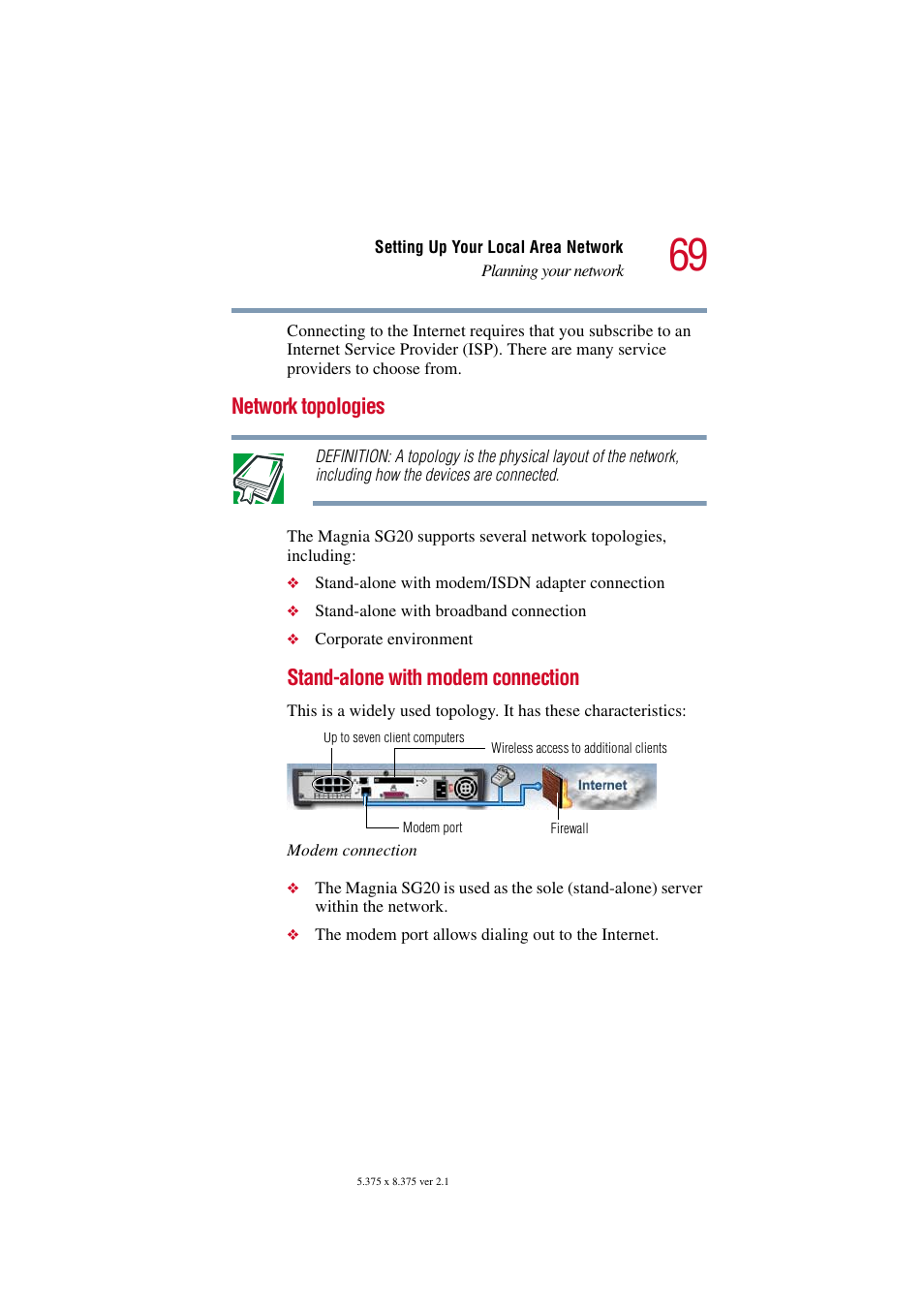 Network topologies, Stand-alone with modem connection | Toshiba Tekbright 700P User Manual | Page 68 / 305