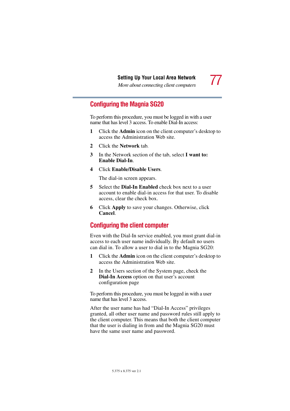 Configuring the magnia sg20, Configuring the client computer | Toshiba Tekbright 700P User Manual | Page 76 / 305