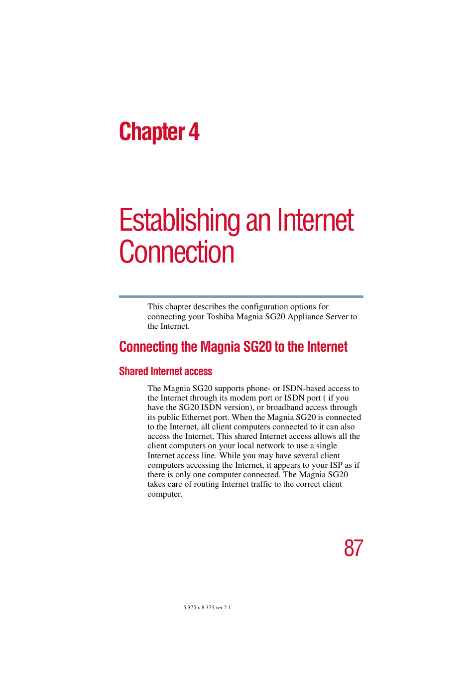 Establishing an internet connection, Connecting the magnia sg20 to the internet, Shared internet access | Chapter 4: establishing an internet connection, Chapter 4 | Toshiba Tekbright 700P User Manual | Page 86 / 305