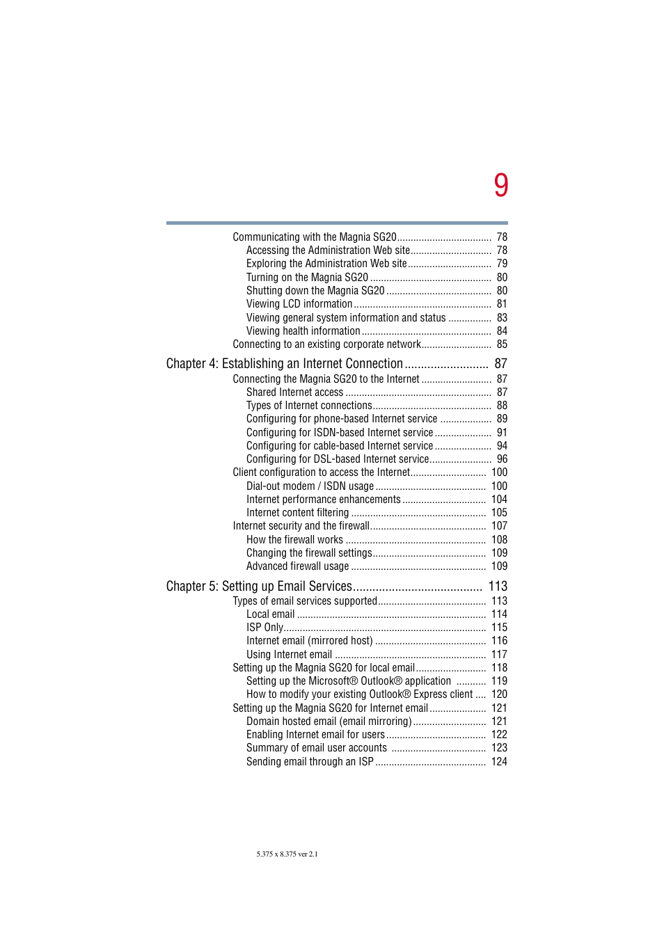 Chapter 4: establishing an internet connection 87, Chapter 5: setting up email services 113 | Toshiba Tekbright 700P User Manual | Page 9 / 305