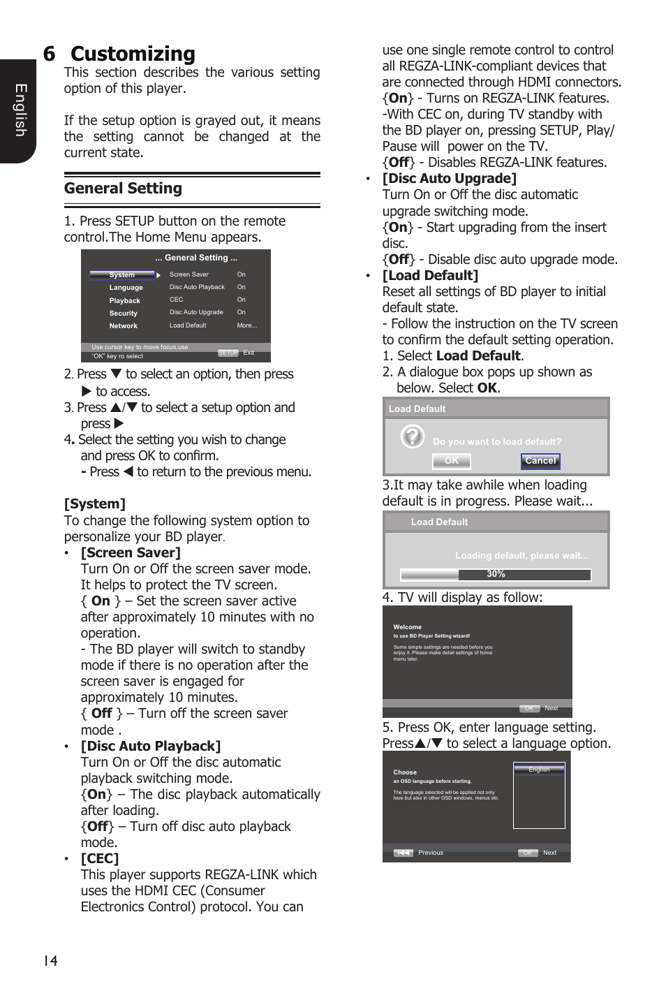 6customizing, 1 e ng lis h, General setting | Toshiba BDX2100 User Manual | Page 14 / 44