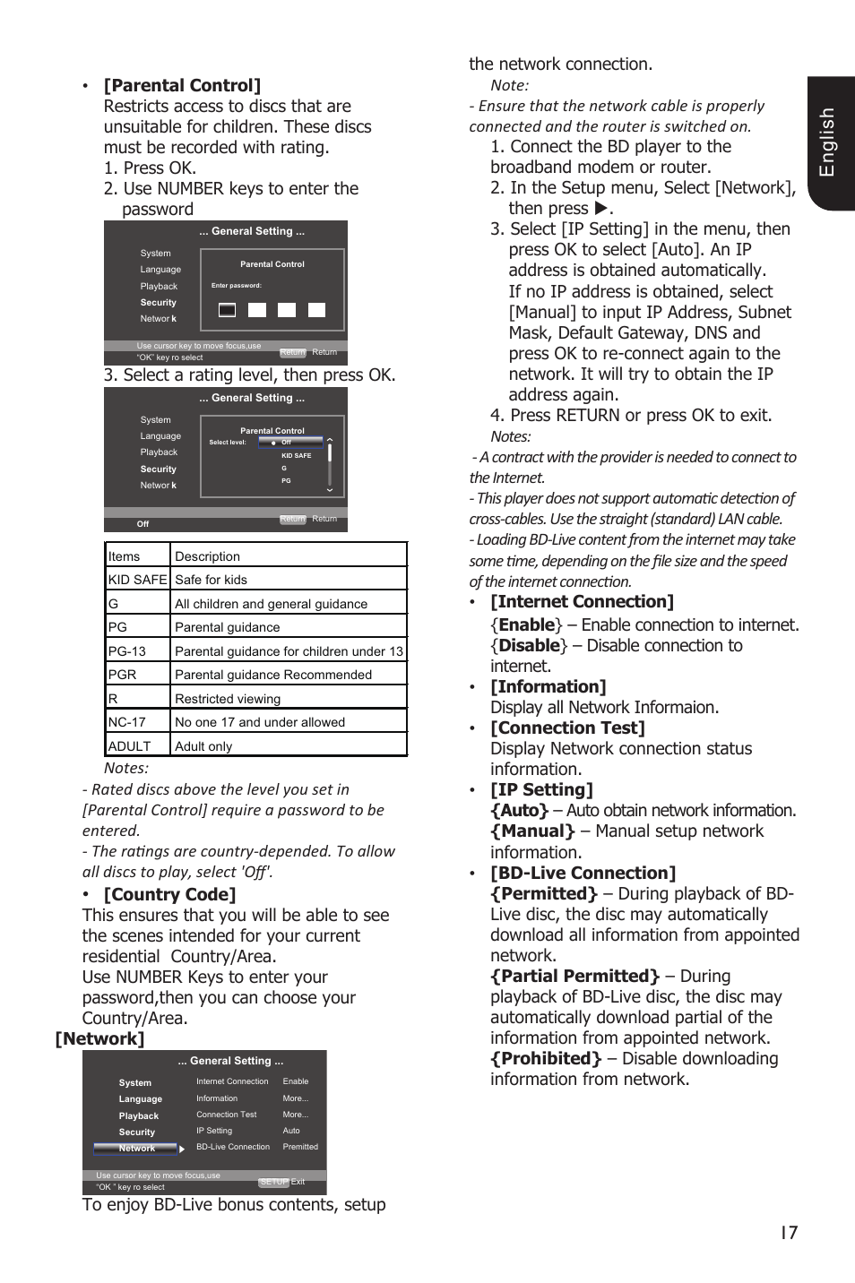 1 e ng lis h, Select a rating level, then press ok | Toshiba BDX2100 User Manual | Page 17 / 44