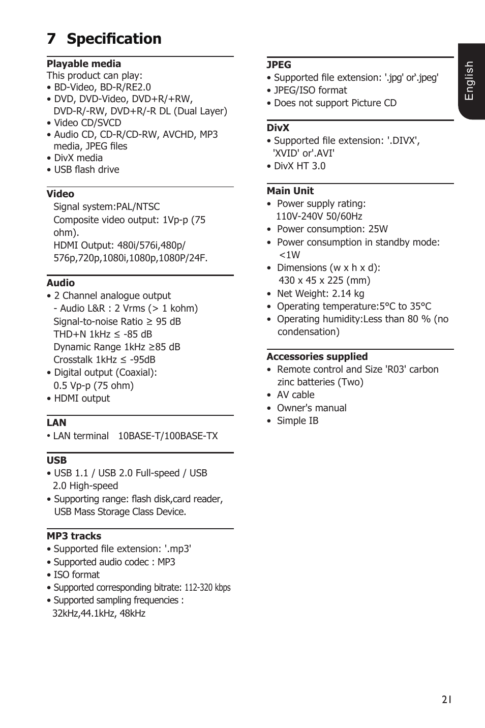 7specification | Toshiba BDX2100 User Manual | Page 21 / 44